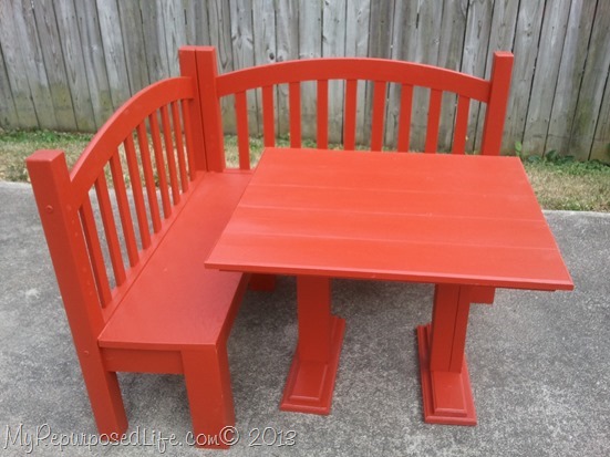 My Repurposed Life-Kid's Red Corner Bench & Table kid's red bench
